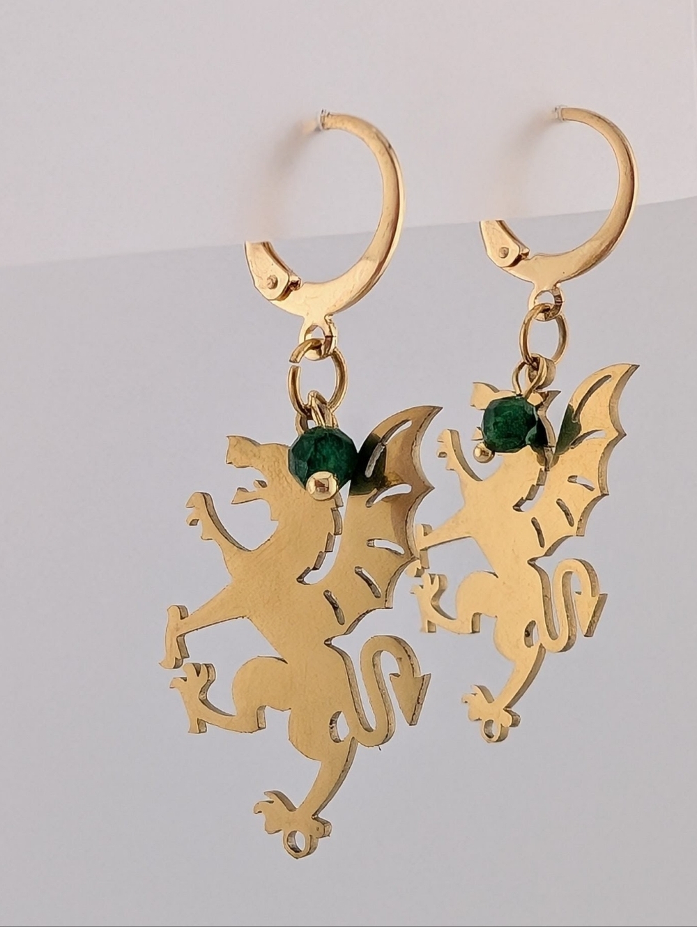 Tourmaline Gold Chimera Artisan Earrings - Handmade Dragon Lion Jewelry - D061